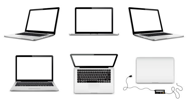 illustrations, cliparts, dessins animés et icônes de ensemble d’ordinateurs portables vecteurs avec des écrans blancs dans différentes positions - computer close up technology industry