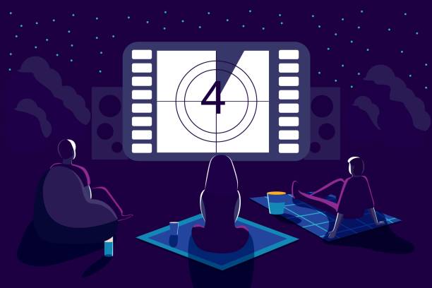 Outdoor movie theater night with friends. Watching film on big screen with sound system Outdoor movie theater night with friends. Watching film on big screen with sound system. Open air cinema backyard theater gear concept Vector illustration movie-theater-exterior stock illustrations