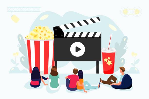 Outdoor movie theater night with friends. Watching film on big screen with sound system Outdoor movie theater night with friends. Watching film on big screen with sound system. Open air cinema backyard theater gear concept Vector illustration movie-theater-exterior stock illustrations