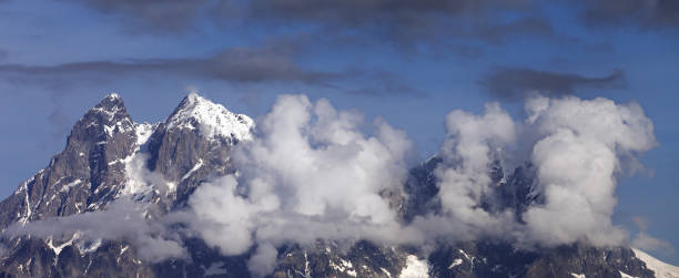 istock Panoramic view on high rocky mountains with snow and glacier 1245134886