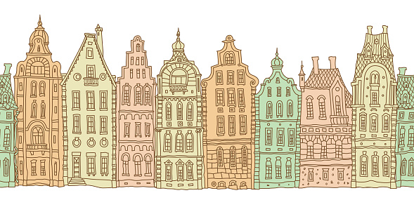 Architectural seamless border pattern. Colorful doodle Fantasy landscape. Fairy tale Dutch houses panorama, old medieval European town street. Hand drawn sketch, travel brochure, web site banner