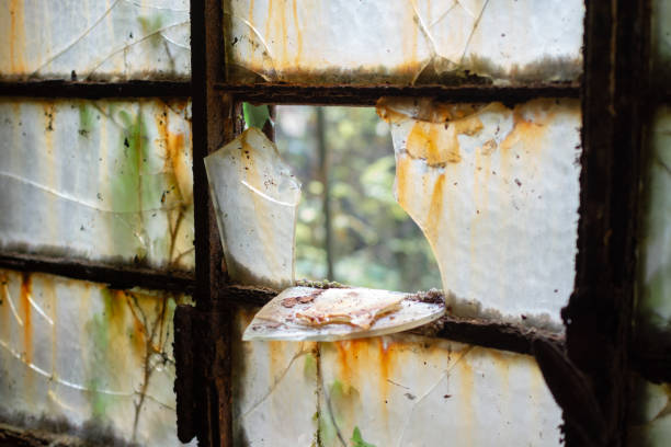 Wall with large broken windows in abandoned ruined factory building,