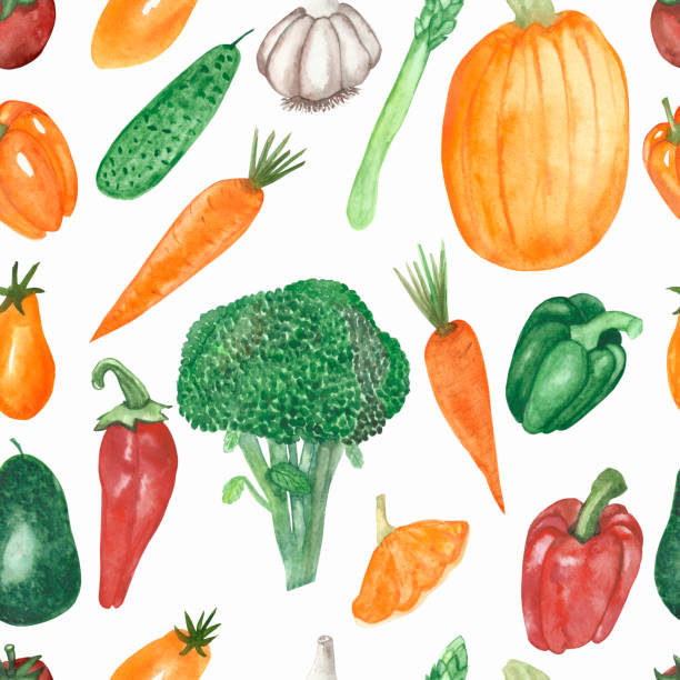 istock Watercolor hand painted nature garden plants seamless pattern with orange carrot, pumpkin, tomato, red bell, chili pepper, green broccoli, asparagus, avocado vegetable isolated on the white background 1245159247