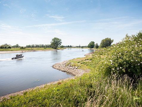 boat on river ijssel between deventer and zutphen on sunny summer day in the netherlands