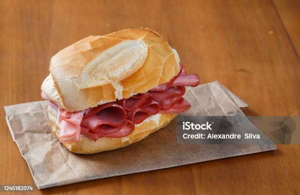 Traditional Brazilian Mortadella Sandwich On Wooden Background Stock Photo - Download Image Now