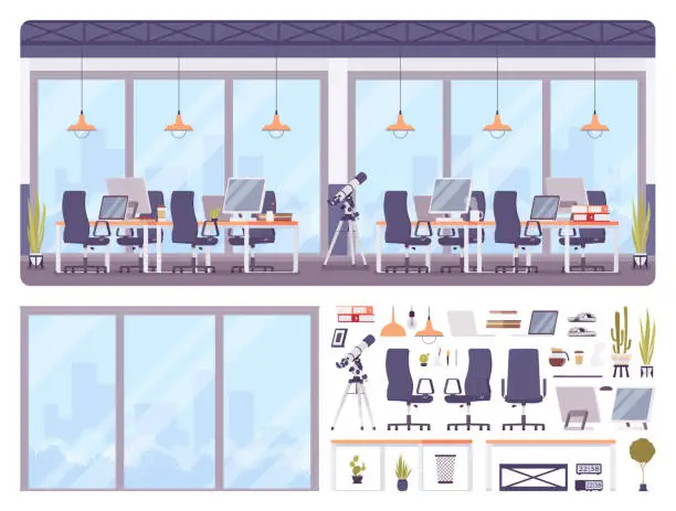 Vector illustration of Office workplace modern area interior and design construction set