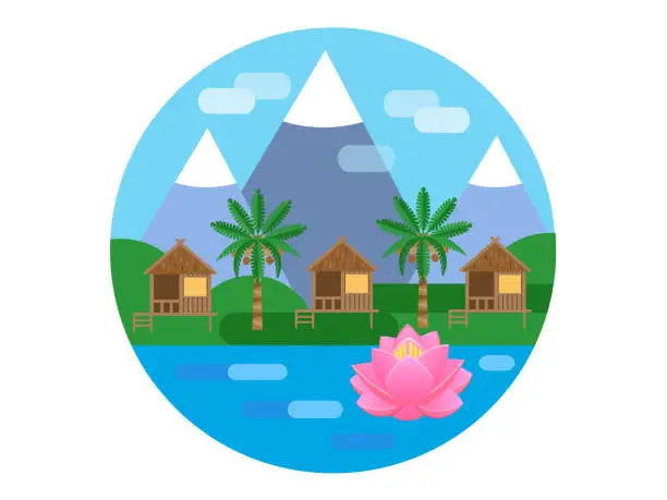 Vector illustration of Round poster Tropical weekend Ocean bungalow