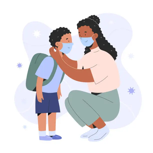 Vector illustration of Mother putting on face mask on her child boy for protection against coronavirus infection, cartoon realistic characters, covid prevention, parent showing how to put on a mask, vector illustration