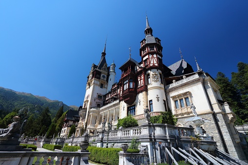 Peles Castle in Sinaia, Romania. The castle was completed in 1914. It is ranked no. 1 tourism attraction in Southern Romania by Tripadvisor.