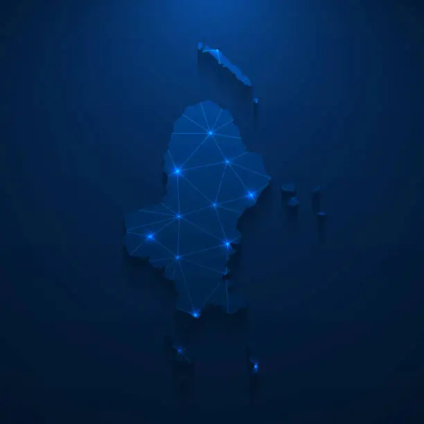 Vector illustration of Wallis island map network - Bright mesh on dark blue background