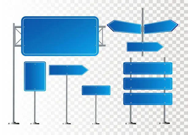 Vector illustration of Road blue traffic signs set. Blank board with place for text. Mockup. Isolated information sign. Direction. Vector illustration