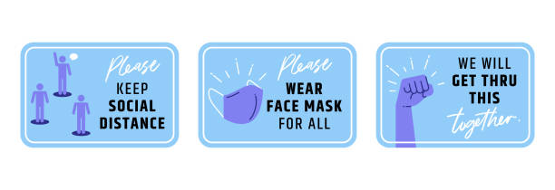 Keep social distance signage icon. Signage keep social distancing stop covid-19. Wear face mask for all, encourage phrases get through this together. togetherness covid stock illustrations