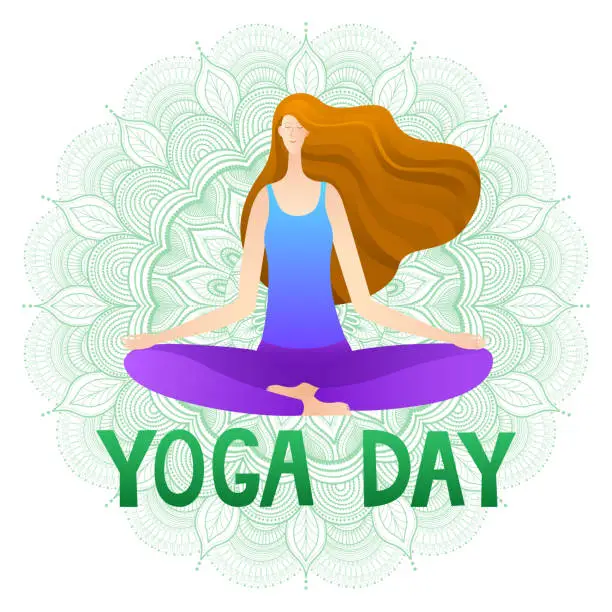 Vector illustration of International Yoga Day. Girl in pose of asana.