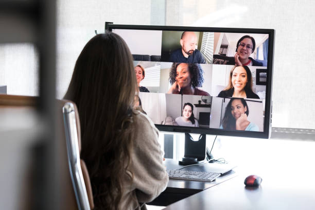 istock Unrecognizable woman video conferences from her office 1245239335