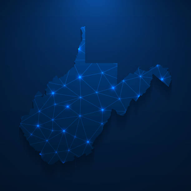 West Virginia map network - Bright mesh on dark blue background Map of West Virginia created with a mesh of thin bright blue lines and glowing dots, isolated on a dark blue background. Conceptual illustration of networks (communication, social, internet, ...). Vector Illustration (EPS10, well layered and grouped). Easy to edit, manipulate, resize or colorize. west virginia us state stock illustrations