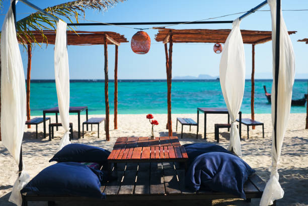 istock Beach restaurant lounge bar on tropical island 1245244900