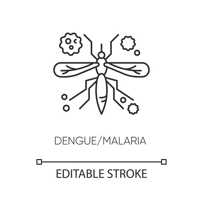 Dengue, malaria pixel perfect linear icon. Thin line customizable illustration. Tropical infectious disease, mosquito borne illness contour symbol. Vector isolated outline drawing. Editable stroke