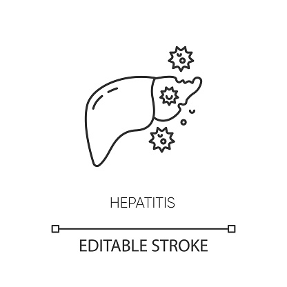 Hepatitis pixel perfect linear icon. Thin line customizable illustration. Contagious liver disease, viral infection contour symbol. Chronic cirrhosis. Vector isolated outline drawing. Editable stroke