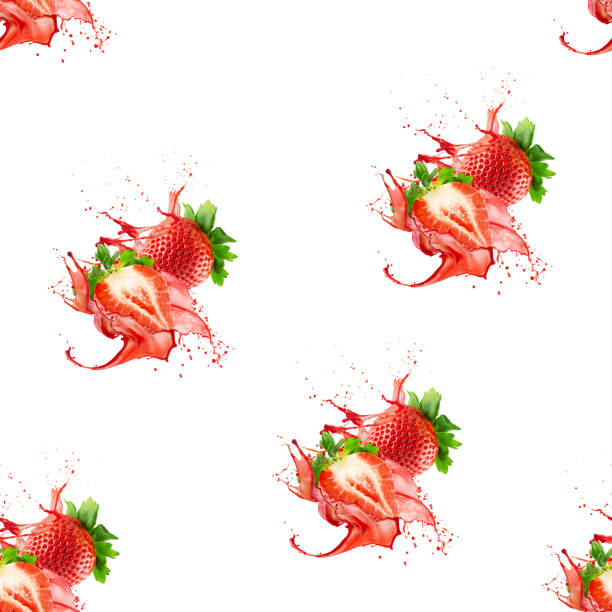 seamless pattern strawberries in red juice splash on a white background