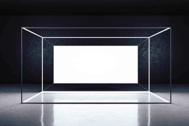 istock Minimalistic gallery interior with glowing poster 1245288967