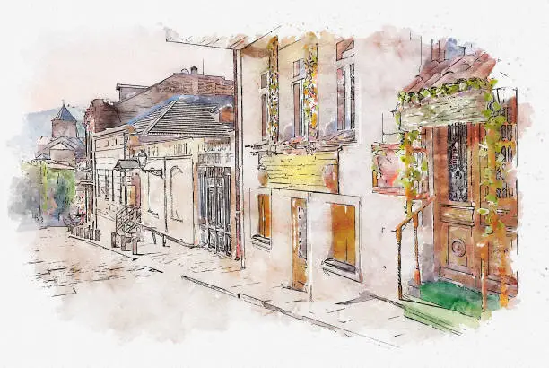 Photo of Watercolor sketch or illustration of a beautiful view of the traditional European urban architecture in Tbilisi. Capital of Georgia