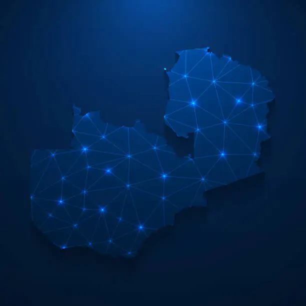 Vector illustration of Zambia map network - Bright mesh on dark blue background