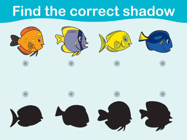 Find the correct shadow, game for children. Cartoon fish Vector Find the correct shadow, game for children. Cartoon fish puzzle silhouettes stock illustrations