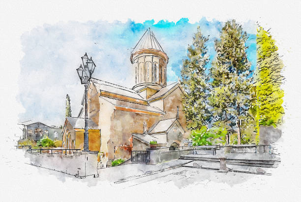 Watercolor sketch or illustration of the Sioni Church in Tbilisi. Georgia stock photo
