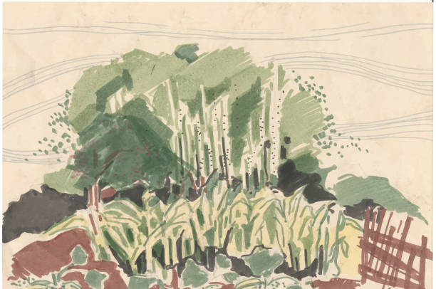 krajobraz z lasem i ogrodem, ilustracja akwarela. abstrakcyjny krajobraz malarstwa akwarelowego na papierze kolorowy widok lasu na wzgórzu w wiosennym sezonie piękności, dzikie życie, mgła w tle nieba rano - turf house stock illustrations