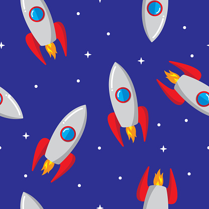 Vector illustration of rockets in a repeating pattern against a blue background.