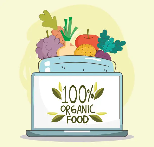 Vector illustration of laptop fresh market organic healthy food with fruits and vegetables