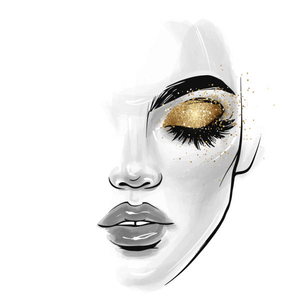 Vector beautiful young woman face. Fashion Sketch illustration Vector beautiful young woman face. Girl portrait with black lashes, brows, Closed eyes with glitter eyeshadow. Fashion Sketch illustration for beauty salon, posters and social media. fashion design sketches stock illustrations