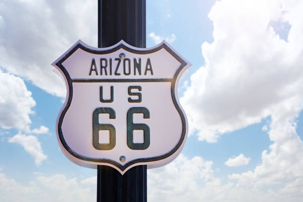 istock Arizona route 66 white old sign over blue sky 1245467462