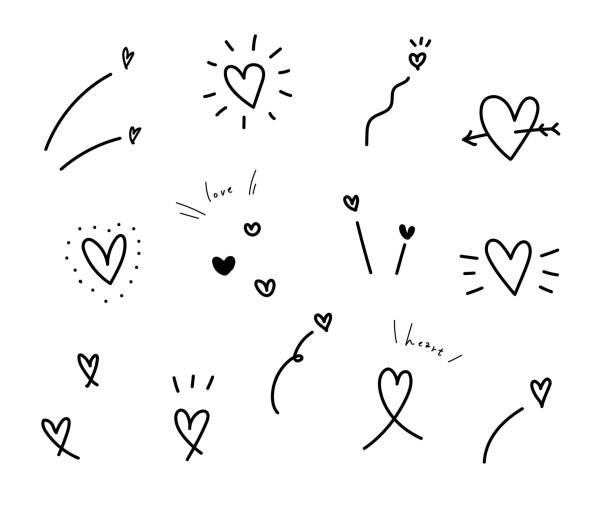 ilustraciones, imágenes clip art, dibujos animados e iconos de stock de conjunto de corazones vectoriales dibujados a mano. - rayado diseño ilustraciones