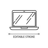 istock Open laptop pixel perfect linear icon. Portable computer. Compact gadget. Netbook, notebook. Thin line customizable illustration. Contour symbol. Vector isolated outline drawing. Editable stroke 1245522174