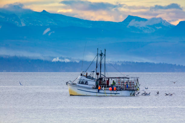 Trawl Fishing Boat at sea in stormy weather