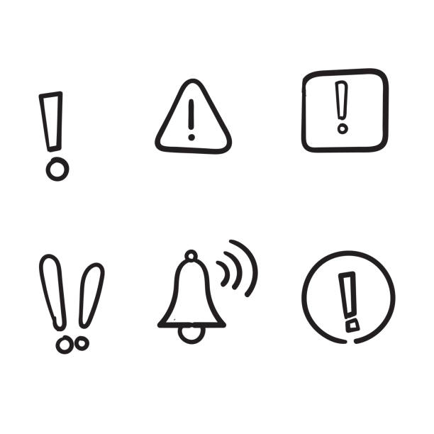 ilustrações de stock, clip art, desenhos animados e ícones de simple set of hand drawn warnings related vector line icons. contains such icons as alert, exclamation mark, warning sign. doodle - drawing attention