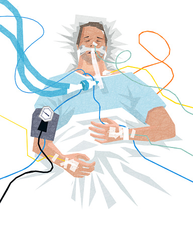 Illustration of a COVID-19 patient in the hospital on a ventilator, with IVs, feeding tube, blood pressure cuff.