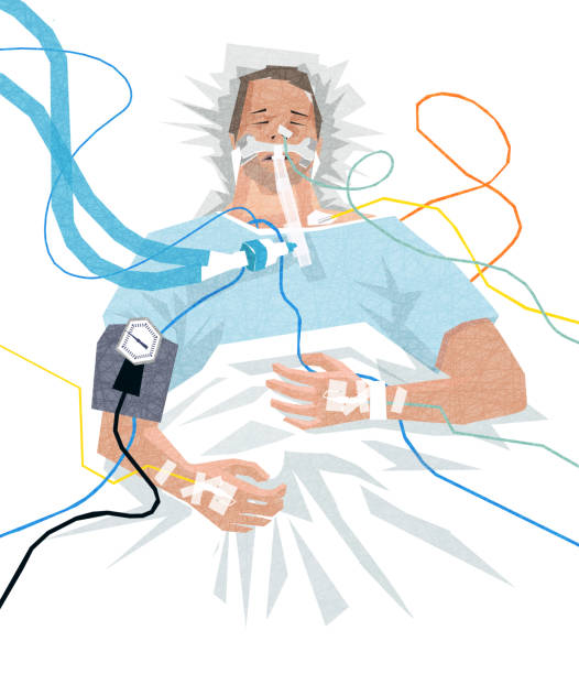 Illustration of a COVID-19 patient in the hospital on a ventilator Illustration of a COVID-19 patient in the hospital on a ventilator, with IVs, feeding tube, blood pressure cuff. breathing device stock illustrations