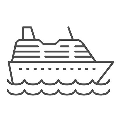 Cruise ship thin line icon, ocean concept, Marine sail boat sign on white background, sea cruise liner icon in outline style for mobile concept and web design. Vector graphics