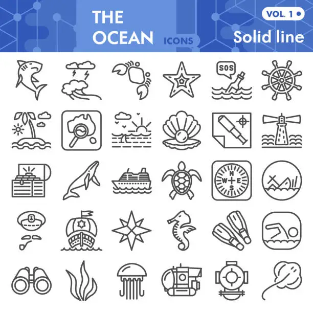 Vector illustration of Ocean line icon set, nautical symbols collection or sketches. Marine life signs for web, linear style pictogram package isolated on white background. Vector graphics.