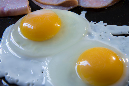 Close up or macro photography of the preparation of over-easy eggs and ham, on a cooking pan as part of classic breakfast. Cooking eggs on a pan concept.