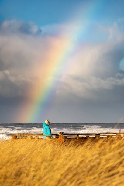 She looks off to distant scene, grasses blowing in the wind