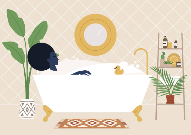istock Young black female relaxed character in a claw foot bathtub, eco friendly boho interior, plants and skin care products, millennial lifestyle 1245670188