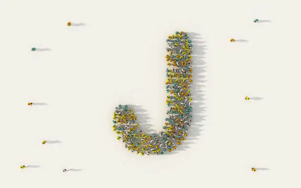Large group of people forming letter J, capital English alphabet text character in social media and community concept on white background. 3d sign symbol of crowd illustration from above
