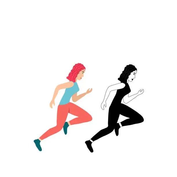 Vector illustration of Running funny girl isolated on a white background. Silhouette of a female sprinter. Runners in motion. Preparing for the marathon. Jogging. Sportswomen in a flat style. Stock vector illustration