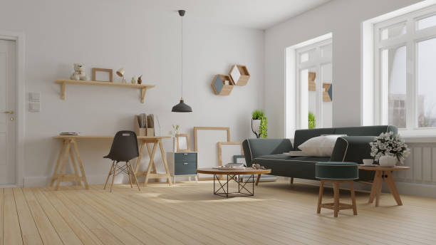 istock Interior poster mock up living room with colorful white sofa . 3D rendering. 1245726591