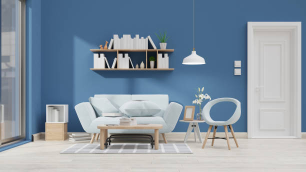 istock Interior poster mock up living room with colorful white sofa . 3D rendering. 1245727183