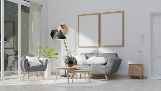 istock Interior poster mock up living room with colorful white sofa . 3D rendering. 1245727716