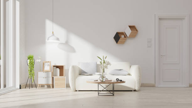 istock Interior poster mock up living room with colorful white sofa . 3D rendering. 1245727726